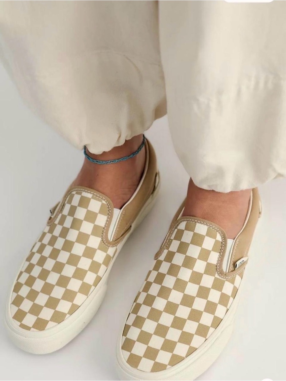 Vans Beige and White Checkerboard Slip-On Sneakers